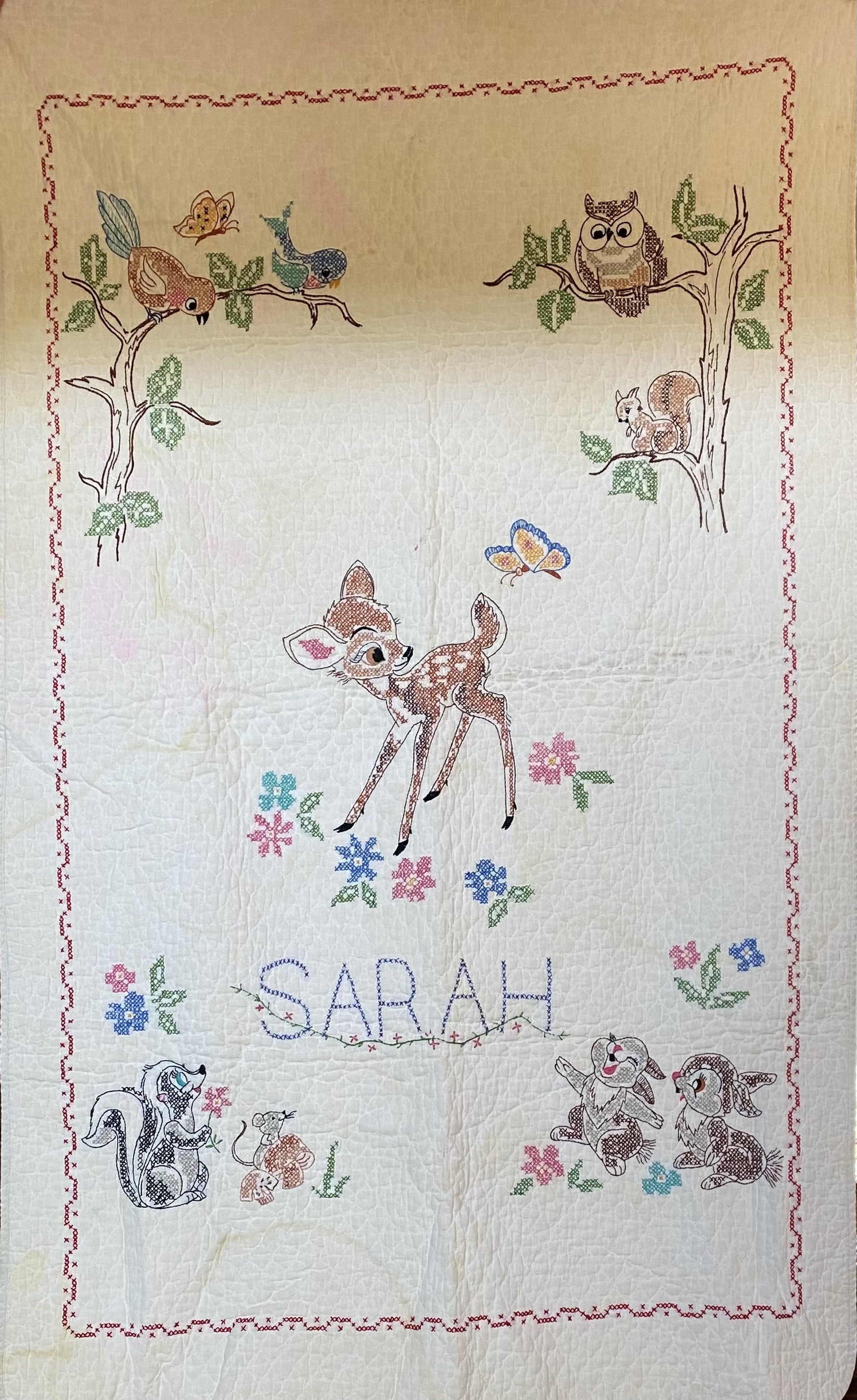 Cross-Stitch Blanket with Animals, Flowers, and Text