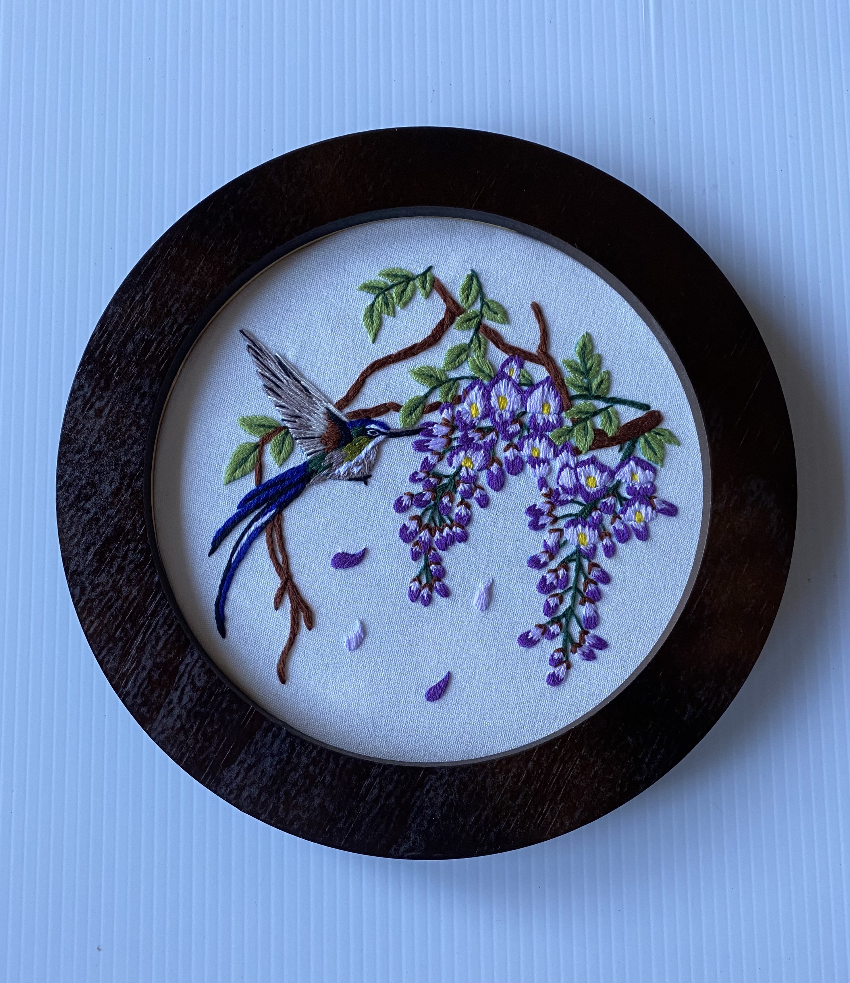 Embroidered Purple Hummingbird and Flowers