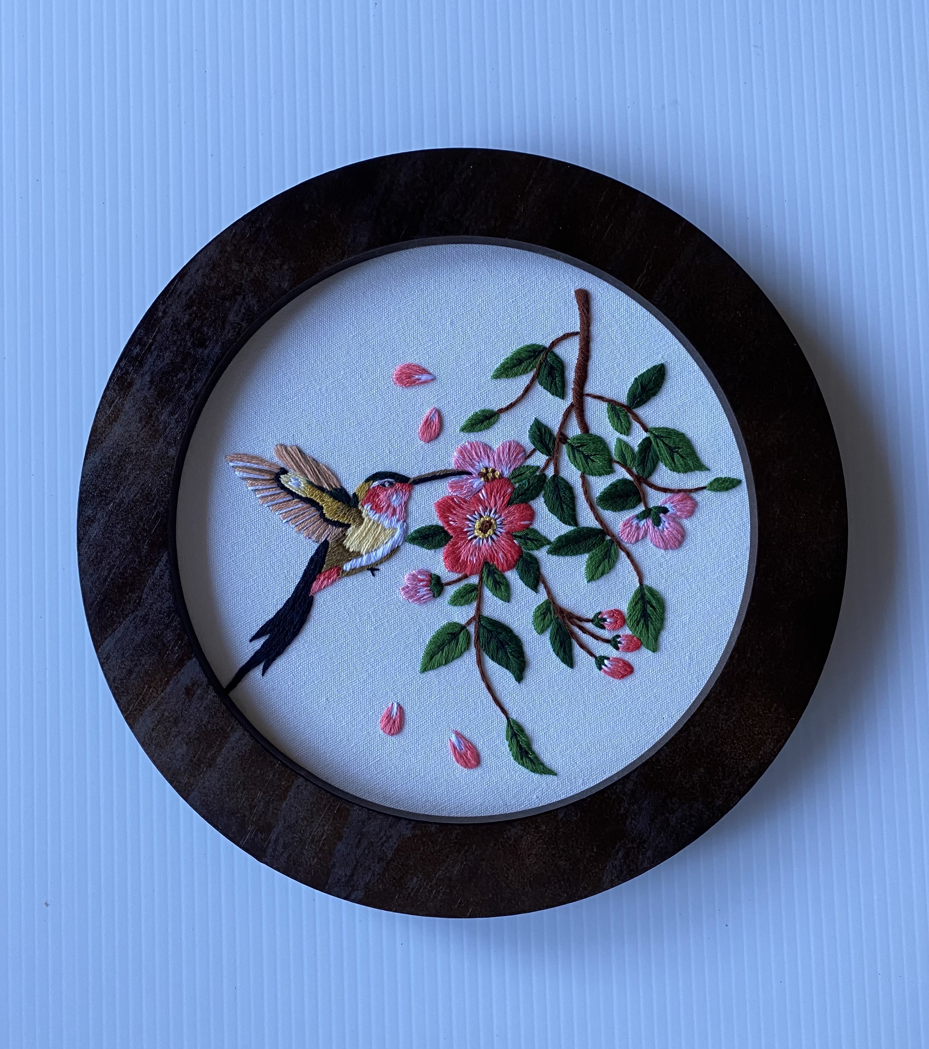 Embroidered Pink Hummingbird and Flowers